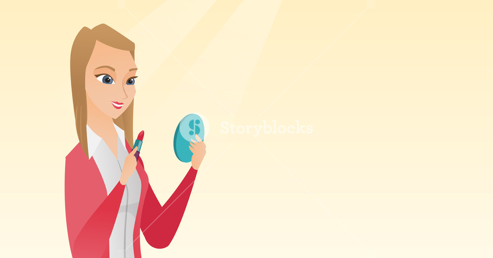 Woman applying lipstick and looking in hand-mirror. Vector flat design illustration. Horizontal layout.