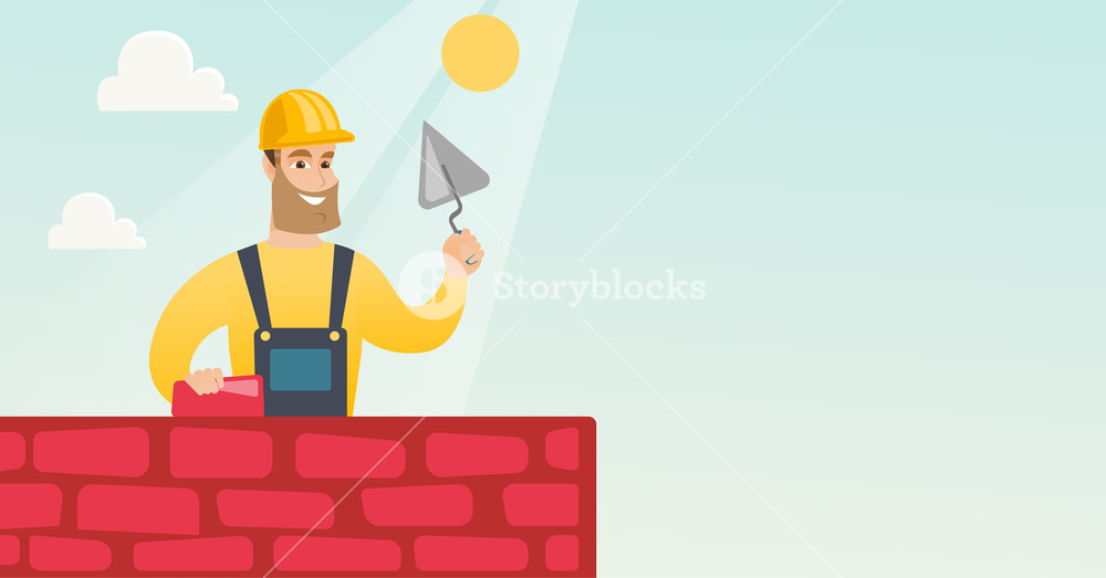 Skilled bricklayer at work on construction site. Vector illustration ...
