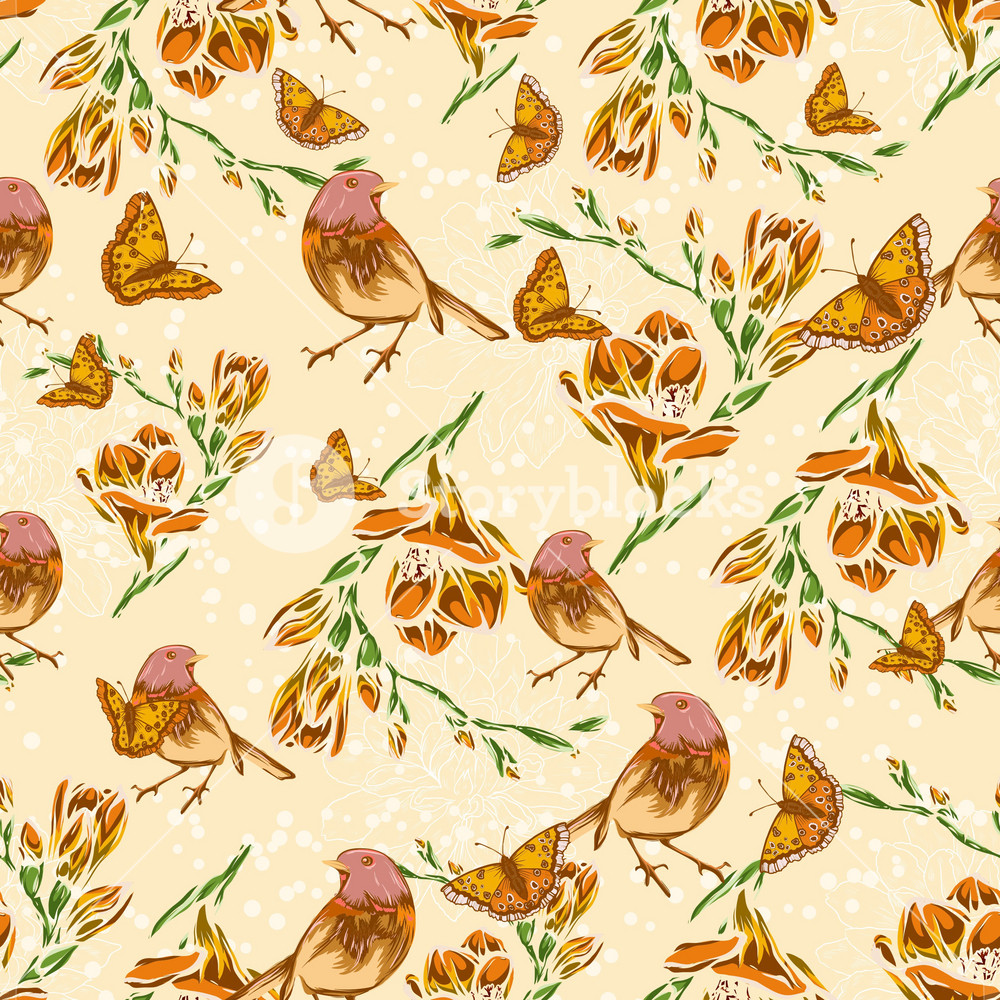 Vector Seamless Floral Background With Birds Royalty-Free Stock Vector ...