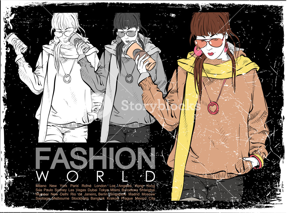 Vintage Vector Illustration Of Elegant Fashion Model In Sketch-style On A Dark Background.
