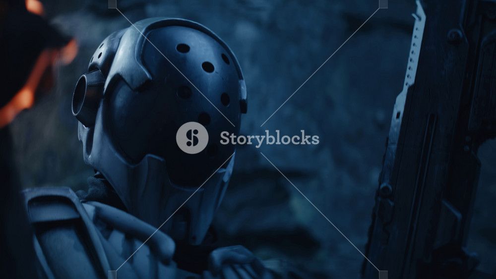 Cinematic Widescreen Anamorphic Vfx Slow Motion Shot Of Ominous Robot Holding A Torch And A Futuristic Rifle In A Rocky Canyon At Night 8 K