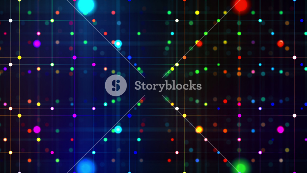 Futuristic 3D colourful geometric animation of moving camera side of a lot of connected coloured dots an lines with depth of field effect. 4K animated wallpaper