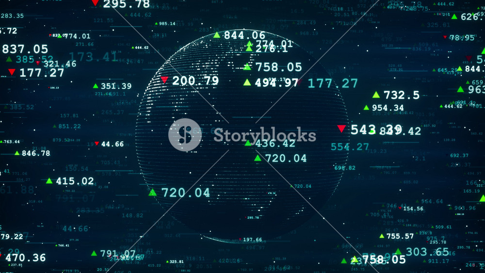 Animation of numbers with symbols of stock price on background with dynamic Earth globe. Financial figures and diagrams showing volatile changes, 4K global business animation