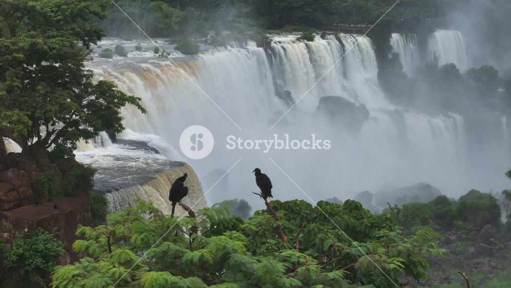 Slow motion aerial view of Iguazu Falls in Brazil Waterfall mist fills the air as the river rushes through rainforest. Lush greenery