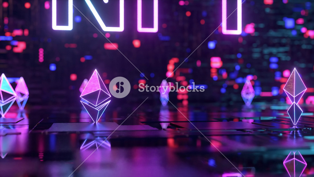 Blockchain digital data transmission room. NFT non fungible token neon concept with crypto currencies Ethereum. New way to buy digital assets, collectibles and crypto art. 3d render