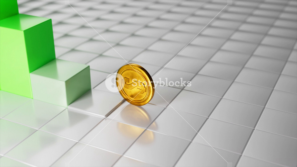 Gold coin with a dollar sign rolling away from a green chart, symbolizing financial loss, market crash, economic recession, stock decline