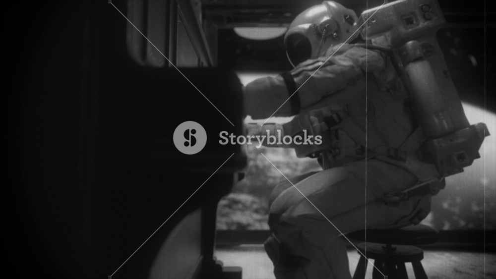 Astranaut in a spacesuit plays the piano in a spaceship overlooking the planet earth. Space and music concept. Old film effect. Black and white. 3d animation