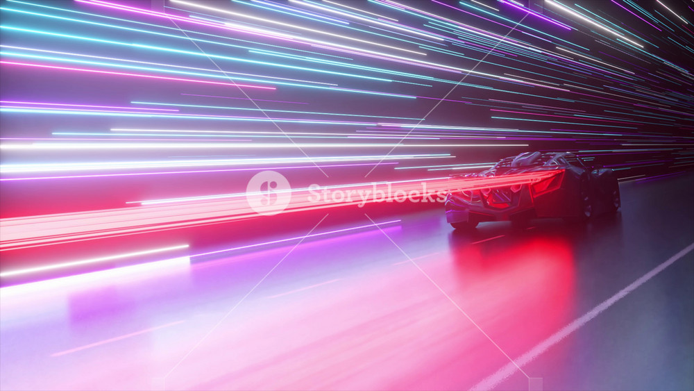 Futuristic concept. Sports car on the background of glowing neon lines. Blue purple color. 3d animation of seamless loop