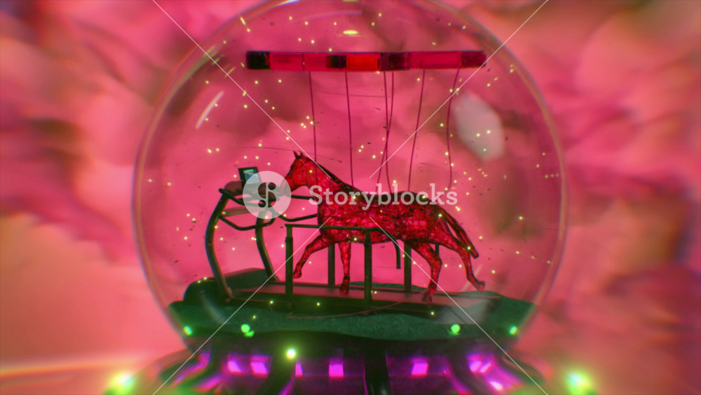 Abstract fantastic fluid horse trains on a treadmill in a snowball. Unrealistic concept of surrealism and sports. 3d animation of seamless loop
