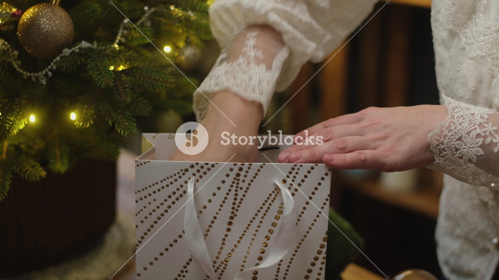 Woman packing Christmas presents in a gift bag. Concept of giving gifts for Christmas or donating gifts for children