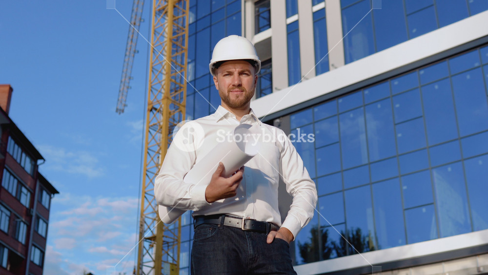 An engineer in a white shirt and helmet stands against the background of a modern glass building and holds a roll with a drawing of the