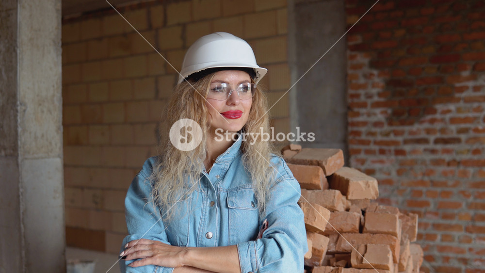 A young woman in a work helmet and denim clothes and goggles stands at the construction site. Monitoring of safety at the construction site