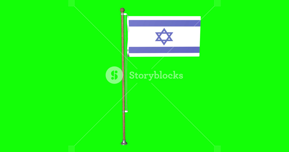 3d Israel flag waving in the wind.National symbol of israeli country. Wood flagpole. National Day Concept. 4k animation on Green screen or chroma key background.