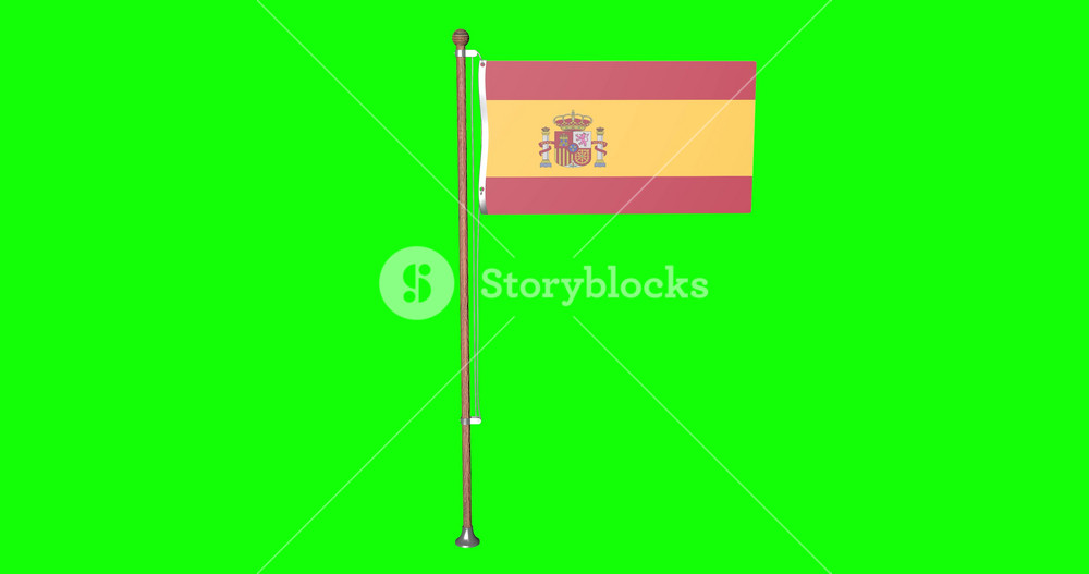 3d Spain flag waving in the wind.National symbol of spanish country. Wood flagpole. National Day Concept. 4k animation on Green screen or chroma key background.