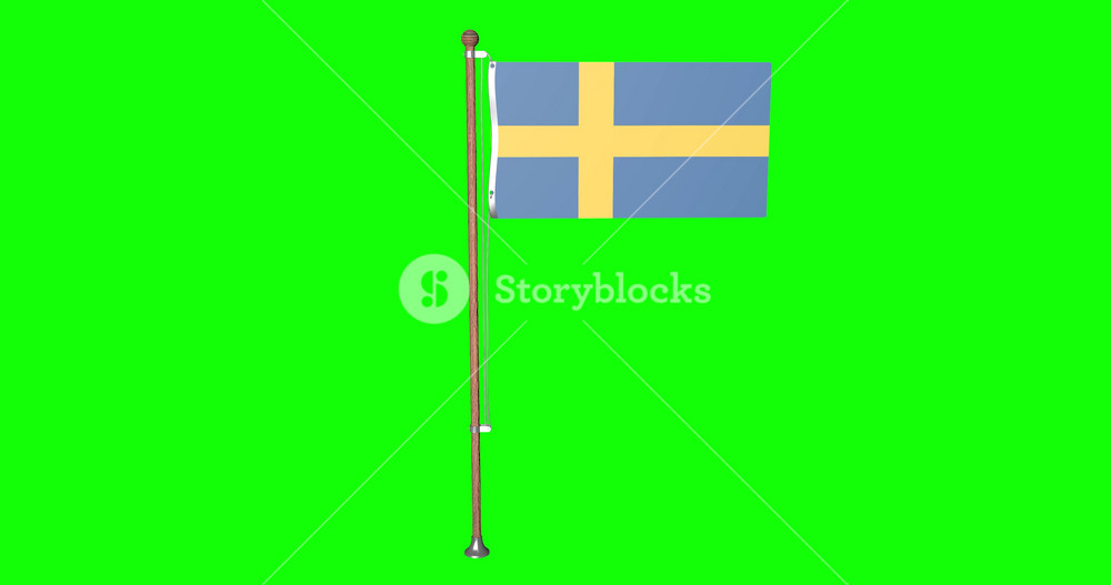 3d Sweden flag waving in the wind.National symbol of swedish country. Wood flagpole. National Day Concept. 4k animation on Green screen or chroma key background.