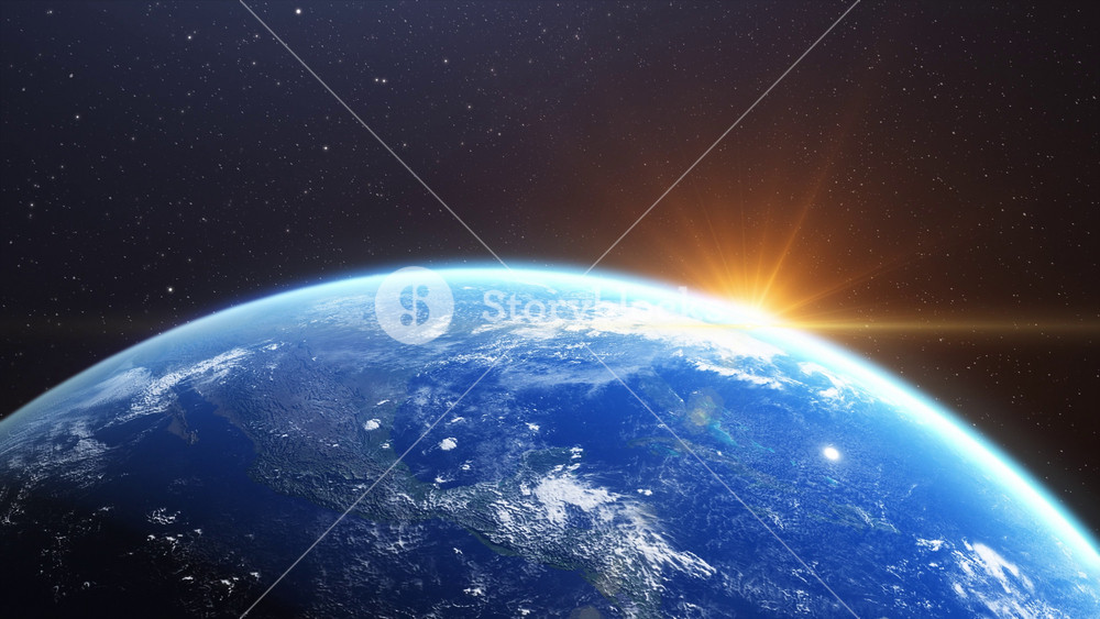 Sunrise over planet earth, cinematic view of part of the globe taken from space with the camera zoomed out. Sunlight refraction effects in space landscape background