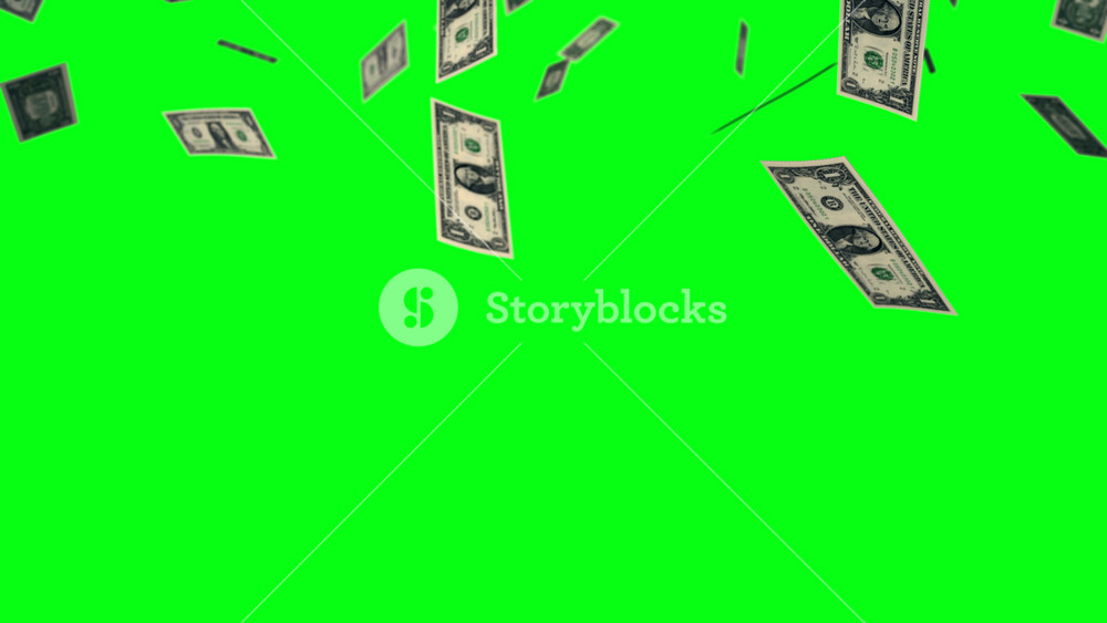 Animation of dollar bills falling on green screen or chroma key, concept of business success, inflation, rich, millionaire, lottery and abundance. Money rain 3D background in 4k.
