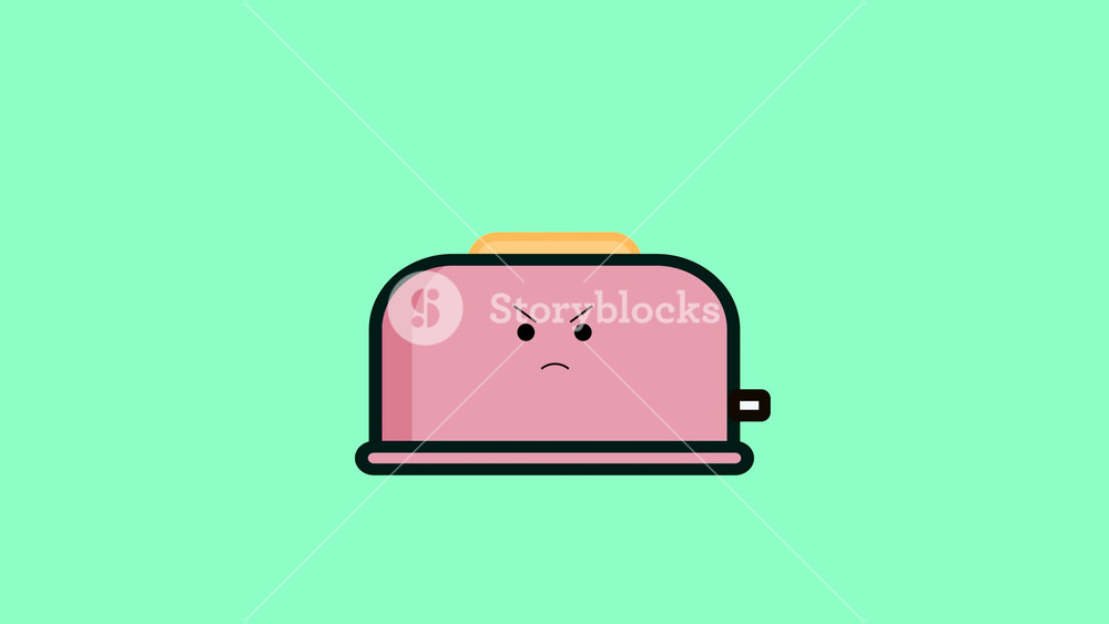 Angry and happy bread toaster cartoon character. Fun breakfast for babies and children. Angry, swollen and flushed face while heating the toast. Animation of drawing painted in pastel colors.