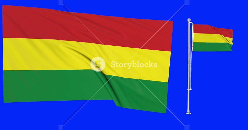Bolivia flags waving in the wind.National symbol of bolivian country. Includes Steel flagpole and smaller version.This is a 4k animation and Green screen or chroma key background.