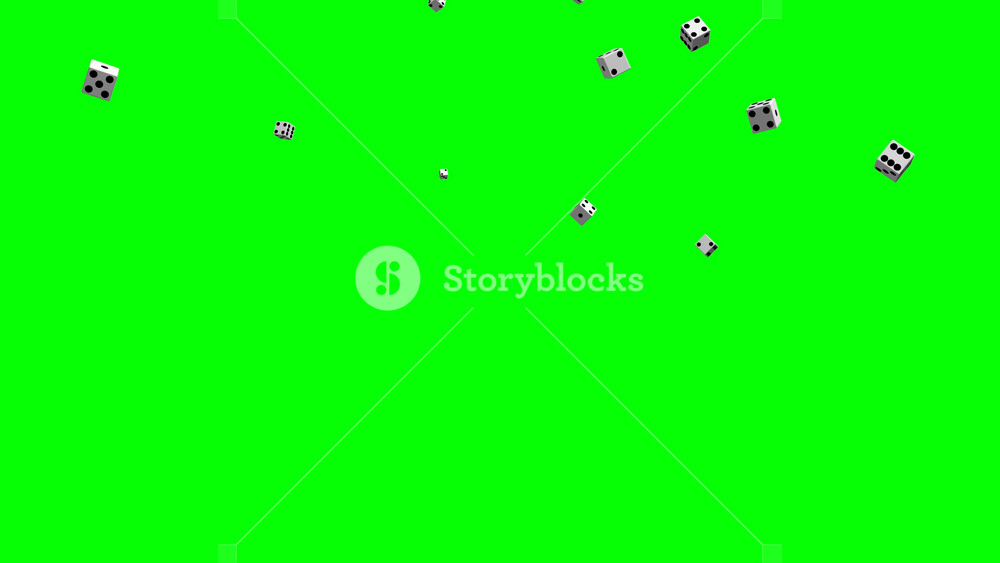 3D dice falling in slow motion on green screen. Concept of luck, gambling, casino, oportunity,options,game, play, success, fortune and betting or bet. This is a 4k animation on chroma key background.