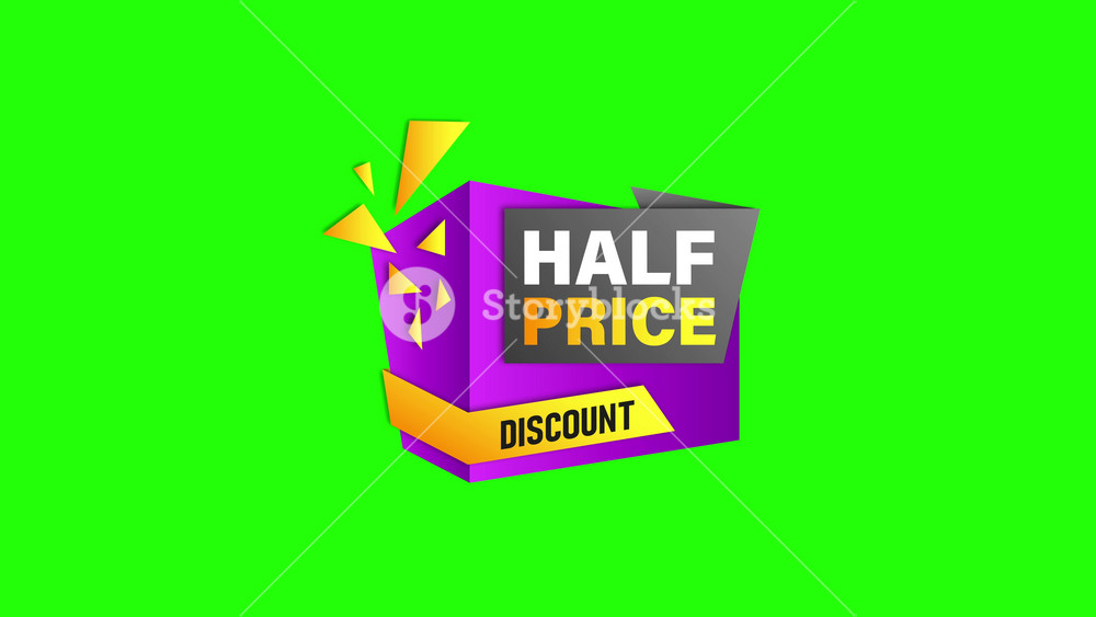 Half price Discount offer shop banner animation, advertising promotion with tag on green screen chroma key background. Concept of online shopping , ecommerce and internet sales.