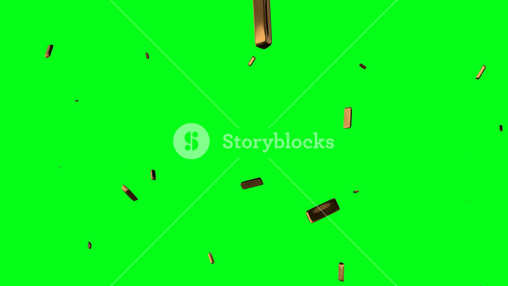 3d gold bullion rain falling on green screen. Precious metal bricks in Bank vault. Investment,banking,business concept. Treasure blocks for wealth and investment. Financial profit in stock markets
