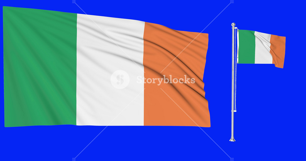 Ireland flags waving in the wind.National symbol of irish country. Includes Steel flagpole and smaller version.This is a 4k animation and Green screen or chroma key background.