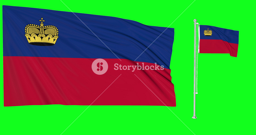 Liechtenstein flags waving in the wind.National symbol of liechtensteiner country. Includes Steel flagpole and smaller version.This is a 4k animation and Green screen or chroma key background.