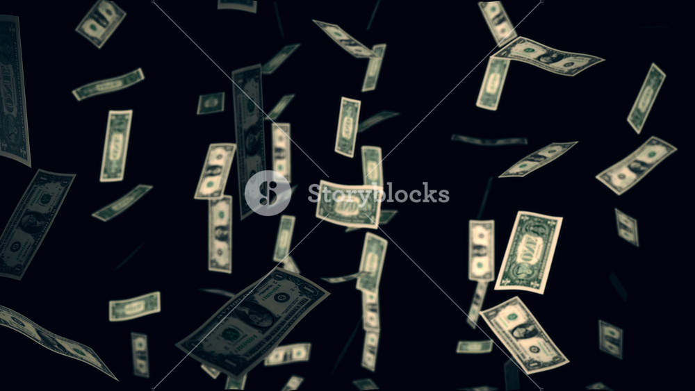 Animation of dollar bills falling on black background , concept of business success, inflation, rich, millionaire, lottery and abundance. Money rain 3D background in 4k.