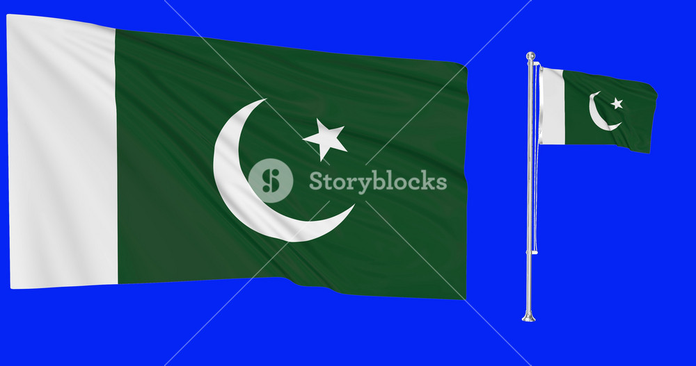 Pakistan flags waving in the wind.National symbol of pakistani country. Includes Steel flagpole and smaller version.This is a 4k animation and Green screen or chroma key background.