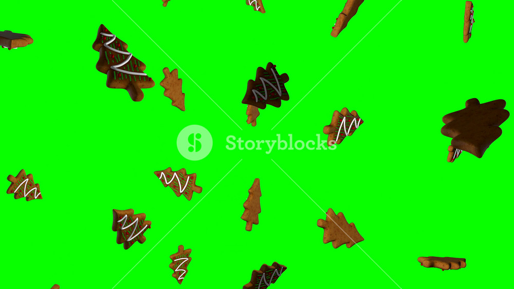 Gingerbread cookies of Christmas tree falling on green screen background for chroma key. Traditional Christmas food. Christmas and New Year holidays concept. 3d animation in 4k