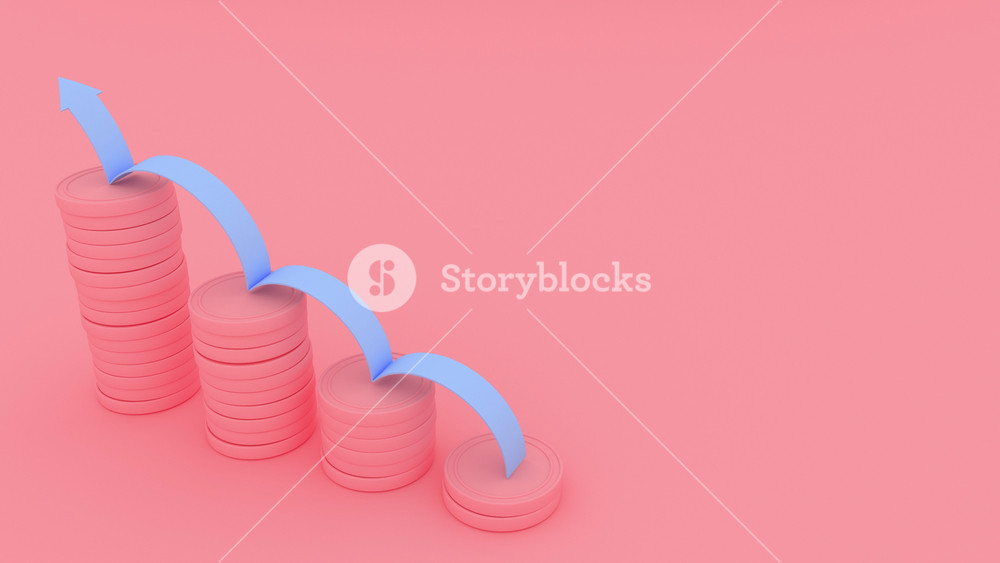 Abstract graphic. Columns of gold coins stacked in an uptrend, arrow climbing over the money symbolizing wealth, business or investment success. Economic growth concept. Pastel colors.