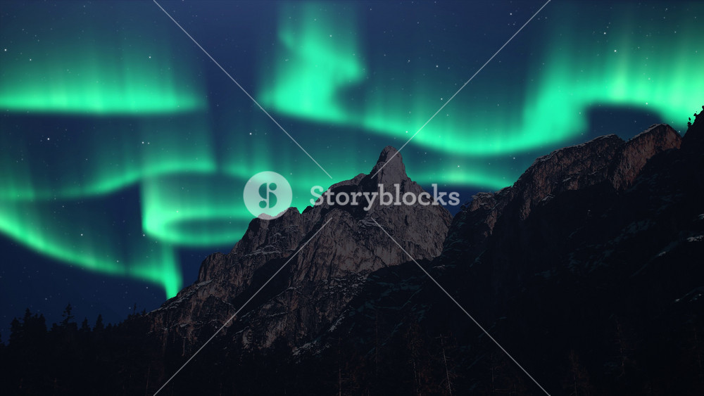 Beautiful Northern Lights Animation.Green Lights Aurora Borealis in Norway,Canada,Finland,Iceland and Sweden. Polar weather and blue starry sky on a cold night.Mountain landscape motion Background 4k
