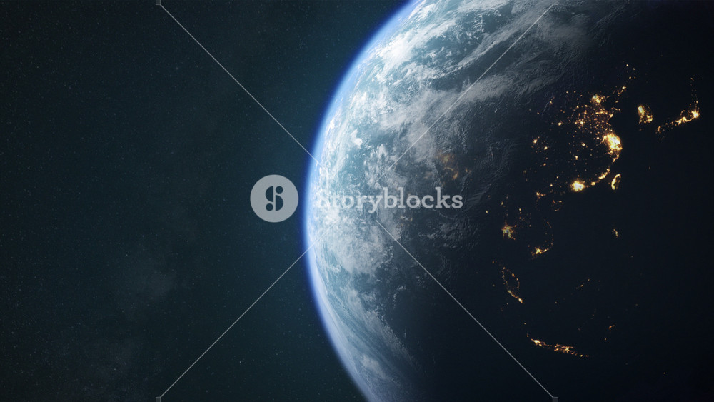 Dawn, the sun illuminates half of the planet earth. Sunrise, front view of the world from space.Transition from day to night, ideal for news or climate change.Slow motion.Space landscape background 4k