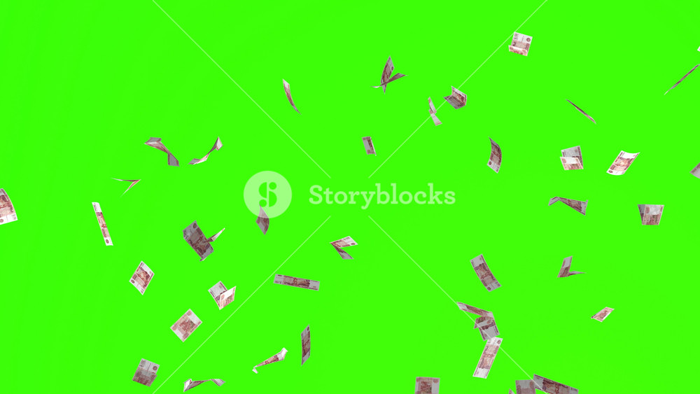 Animation of russian rubles bills falling on green screen or chroma key, concept of business success, rich, millionaire, lottery and abundance. Money rain 3D background in 4k.