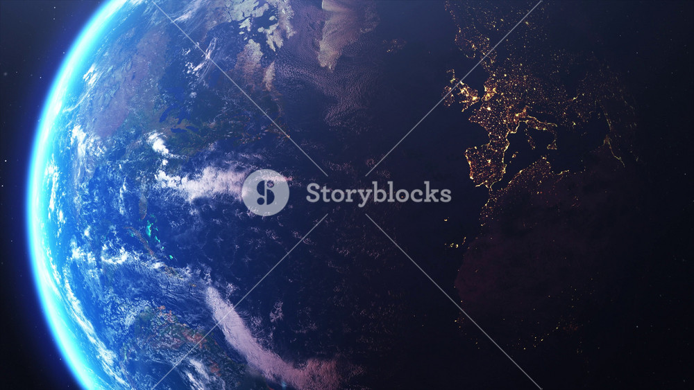 Spinning view zoom from space to north america. Planet earth half day and night. Epic 4k animation of the globe. Starry dark space in the background. Concept of United States and Canada countries.