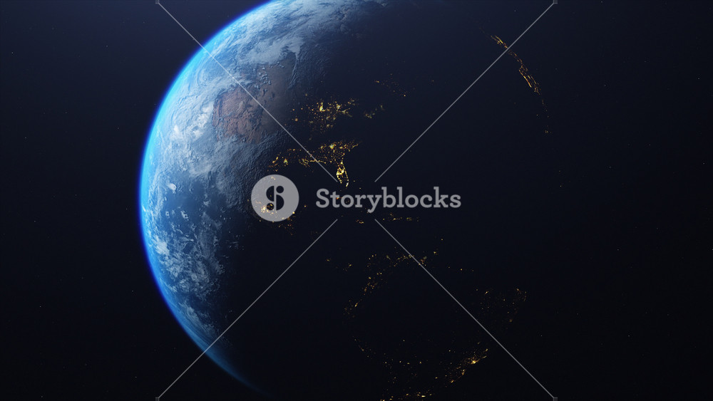 Transition from day to night. Zoom in on the planet earth with the camera lens. Cinematic Sunrise and city lights view from the space. Space travel and exploration concept