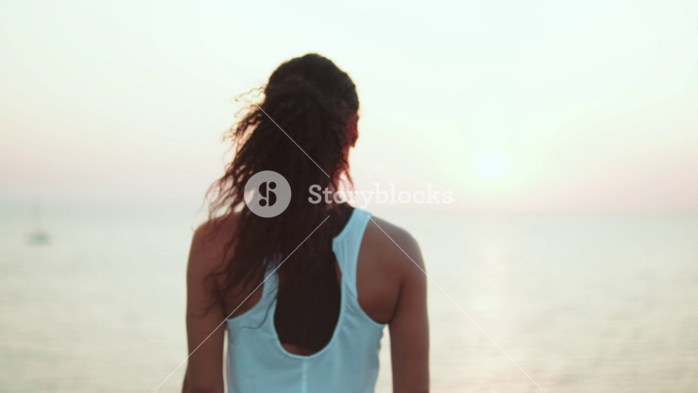 A back view of a beautiful african american woman looking to the dawn on the skyline standing on the bridge in the morning