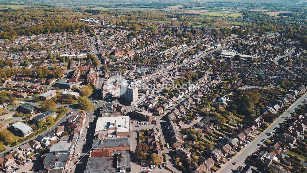 Aerial view of Haywards Heath, town in West Sussex, England, known for its Victorian and Edwardian architecture, near London