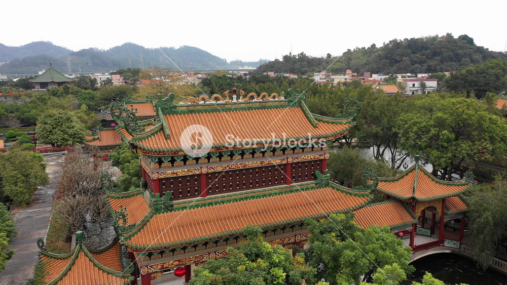 GUANGZHOU, CHINA JANUARY 28 2019: Drone shot of temple complex in classic Chinese garden in Guangzhou, religion and architecture in China