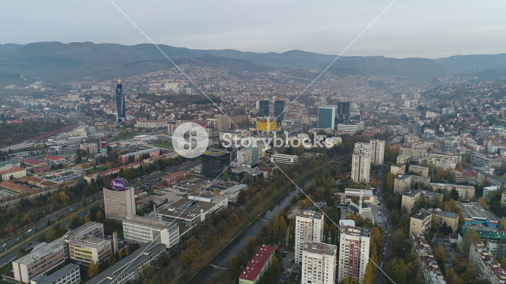 SARAJEVO, BOSNIA AND HERZEGOVINA NOVEMBER 2017: Panoramic aerial view of residential neighborhood and business district in central Sarajevo