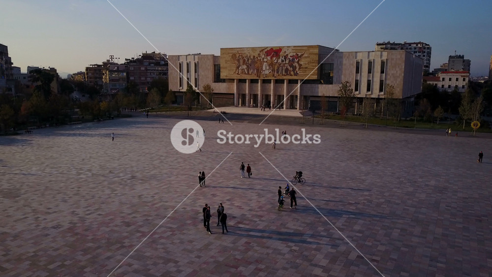TIRANA, ALBANIA OCTOBER 2017: Aerial view of central square towards national museum in Tirana, cultural landmark and tourist attraction in Albania Europe