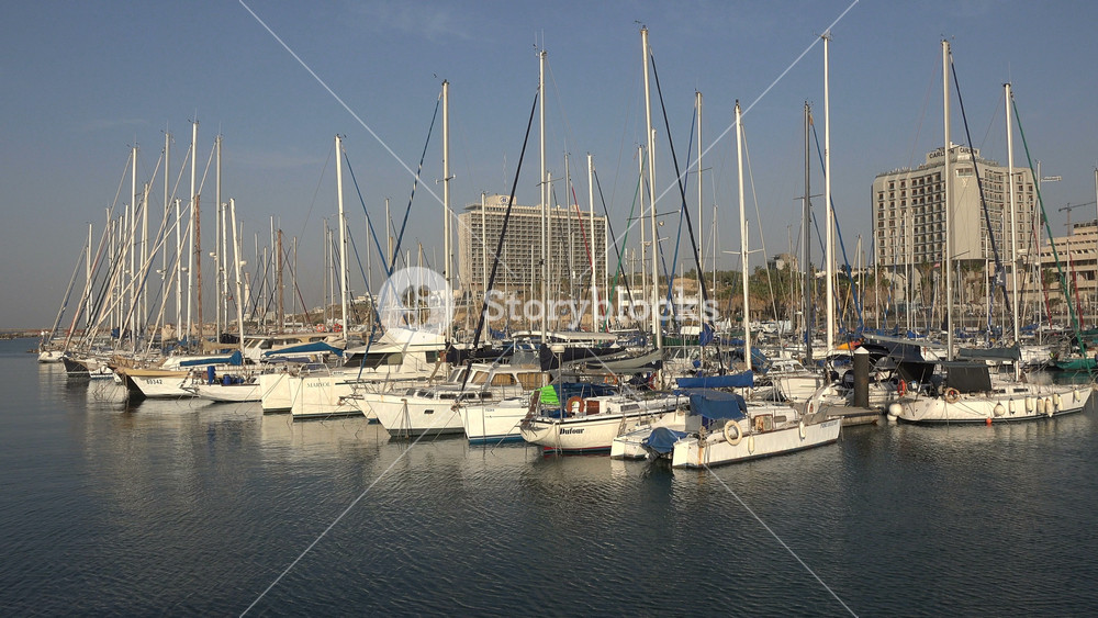 TEL AVIV, ISRAEL NOVEMBER 2016: Marina for yachts and sailing boats with hotels and apartment buildings in the background, Tel Aviv, recreation and real estate in Israel