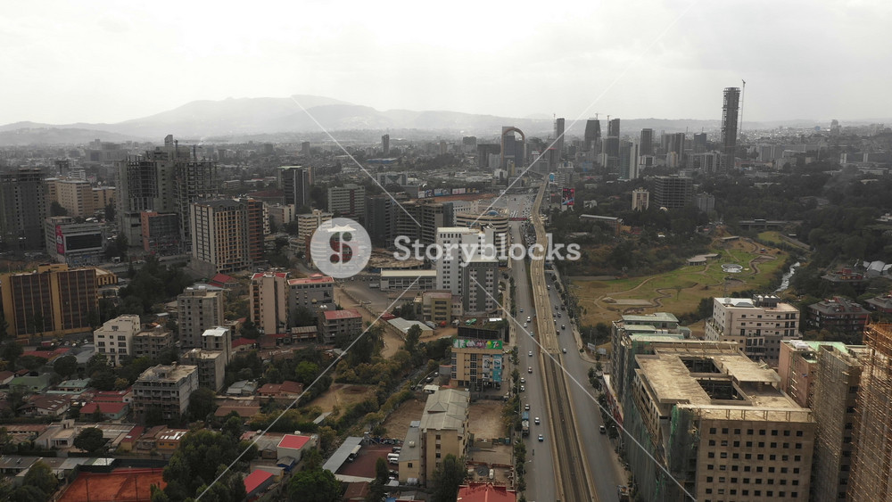 ADDIS ABABA, ETHIOPIA 15 MARCH 2019: Aerial view of Addis Ababa skyline with new (Chinese built) railway line, transportation and infrastructure in Ethiopia Africa