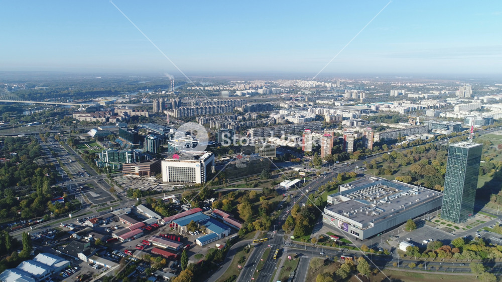 BELGRADE, SERBIA OCTOBER 2017: Panoramic drone shot of business district in New Belgrade in Serbia, commerce and economy in Eastern Europe