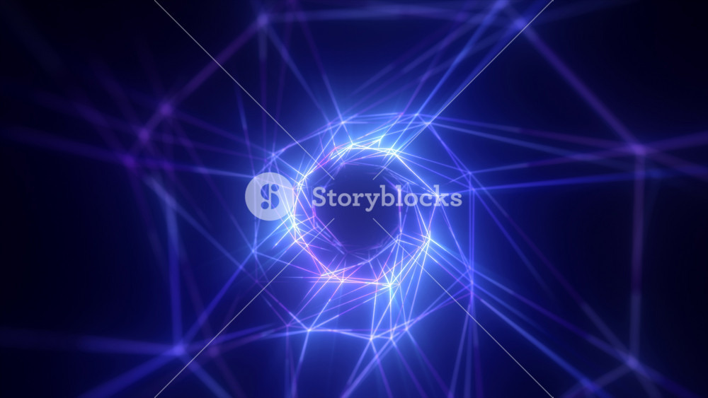 Abstract bright blue glowing background with a tunnel of lines and stripes of energy of burning rays of plasma and electricity with light, in video in high quality 4k, motion design