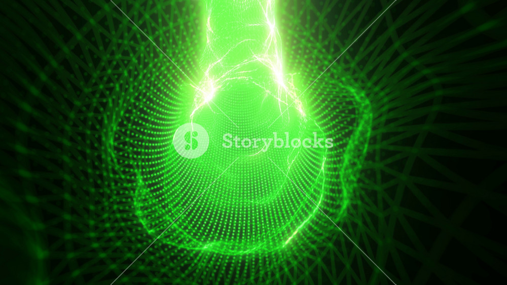 Green energy tunnel frame made of futuristic particles and lines of energy force field. Abstract background. Video in high quality 4k, motion design