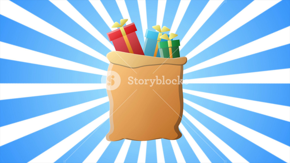 Festive bag with gifts from Santa Claus in gift boxes for the holiday Christmas and New Year on the background of blue rays. Abstract background. Video in high quality 4k, motion design