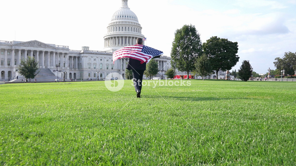 Politician on independence day. Successful career in USA. Leadership and success. Successful political leader. Businessman at US Capitol