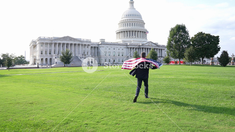 Man with American flag. Politician on independence day. Successful career in USA. Leadership and success. Successful political leader